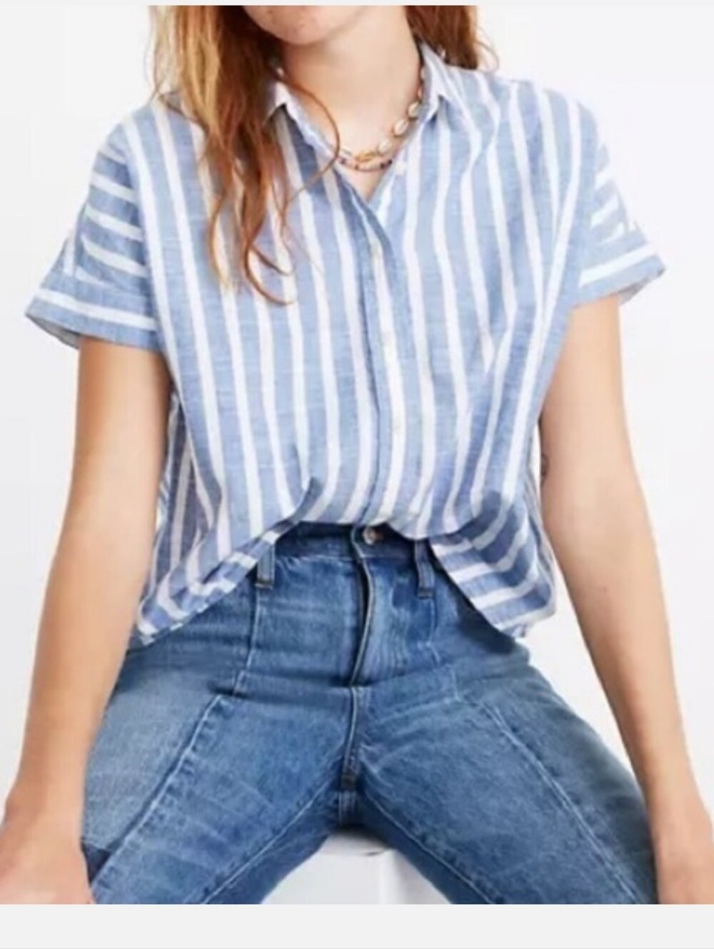 Madewell 100% Cotton Central Shirt in Stripe Blue & White Size Large